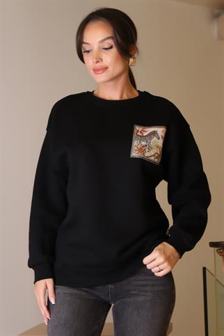 ZEBRA BASKILI TAŞLI SİYAH KADIN SWEATSHİRT 5590-2K5