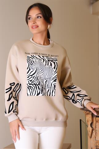 ZEBRA DESENLİ BEJ KADIN SWEATSHİRT  5591-2K5