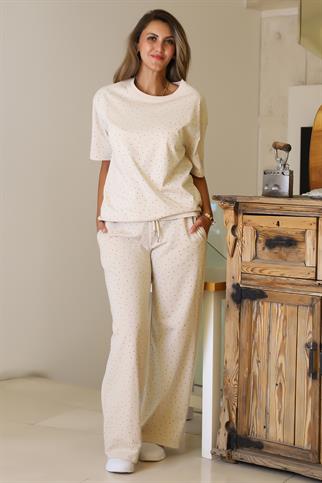 TAŞLI KISA KOLLU BEJ KADIN  TAKIM  7113-2Y5