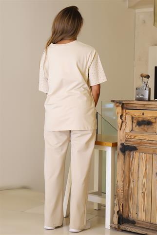 TAŞLI KISA KOLLU BEJ KADIN  TAKIM  7113-2Y5