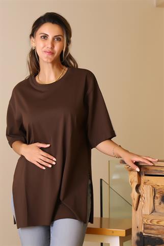 YIRTMAÇLI KISA KOLLU KAHVE KADIN T-SHİRT 7195-2Y5