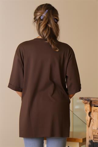 YIRTMAÇLI KISA KOLLU KAHVE KADIN T-SHİRT 7195-2Y5