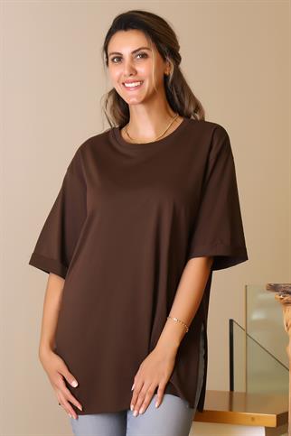 YIRTMAÇLI KISA KOLLU KAHVE KADIN T-SHİRT 7195-2Y5
