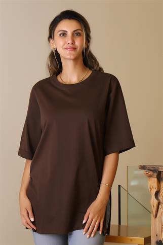 YIRTMAÇLI KISA KOLLU KAHVE KADIN T-SHİRT 7195-2Y5