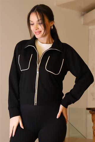 CEPLERİ BİYELİ SİYAH KADIN CEKET  1001-2K5