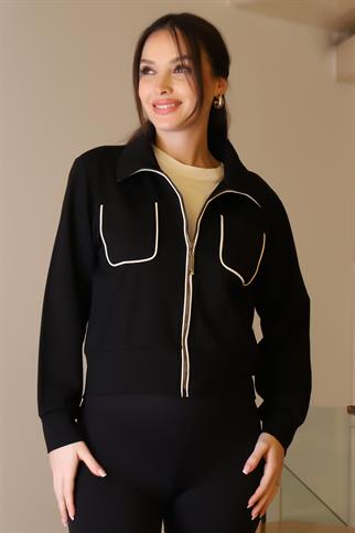 CEPLERİ BİYELİ SİYAH KADIN CEKET  1001-2K5