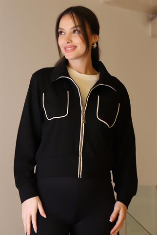 CEPLERİ BİYELİ SİYAH KADIN CEKET  1001-2K5