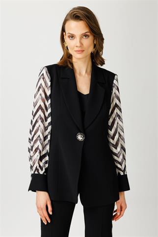 KOLLARI TÜL DETAYLI SİYAH KADIN CEKET 7567-2Y4