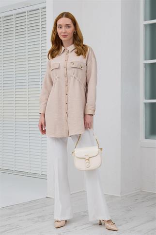 UZUN KOLLU CEPLERİ TAŞLI BEJ KADIN GÖMLEK  MB11.242-2K5