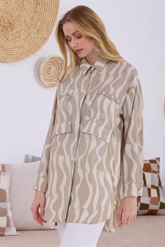 TAŞ İŞLEMELİ TENSEL BEJ KADIN  GÖMLEK MB11.277-2Y5