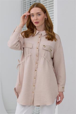 UZUN KOLLU CEPLERİ TAŞLI BEJ KADIN GÖMLEK  MB11.242-2K5