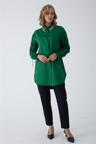 YAKASI TAŞLI UZUN KOLLU YEŞİL KADIN TUNİK MB11.203-2K4