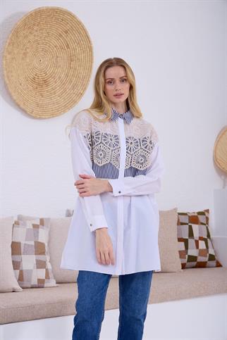 BRODE DETAYLI ÇİZGİLİ LACİ KADIN  GÖMLEK  MB11.220-2Y5