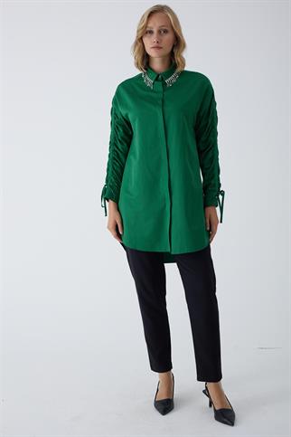 YAKASI TAŞLI UZUN KOLLU YEŞİL KADIN TUNİK MB11.203-2K4