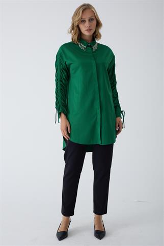 YAKASI TAŞLI UZUN KOLLU YEŞİL KADIN TUNİK MB11.203-2K4