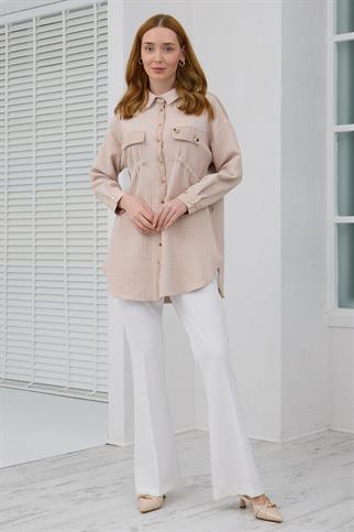 UZUN KOLLU CEPLERİ TAŞLI BEJ KADIN GÖMLEK  MB11.242-2K5