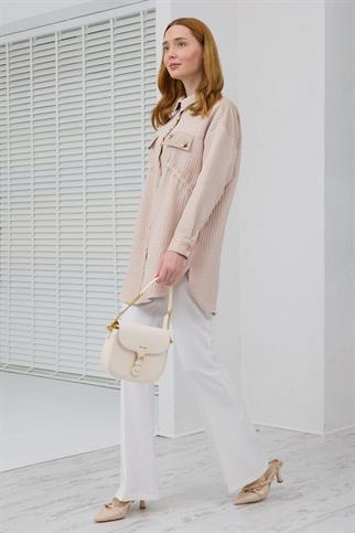 UZUN KOLLU CEPLERİ TAŞLI BEJ KADIN GÖMLEK  MB11.242-2K5