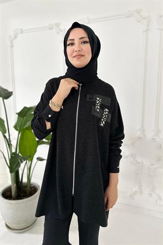 UZUN KOLLU TAŞ DETAYLI SİYAH KADIN GÖMLEK MB11.206-2K5