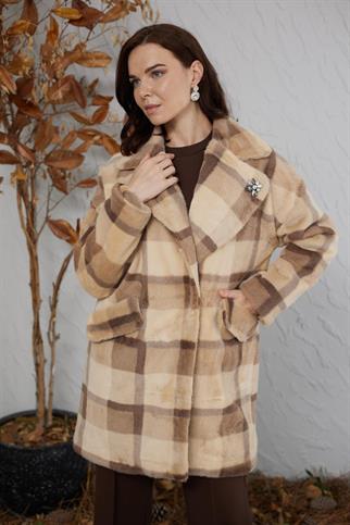 BROŞ DETAYLI EKOSE CAMEL KADIN KABAN MB14.15-2K5