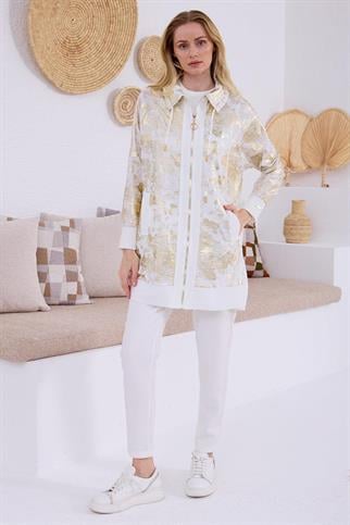 GOLD BASKILI DESENLİ KETEN GOLD KADIN  KAP MB15.160-2Y5