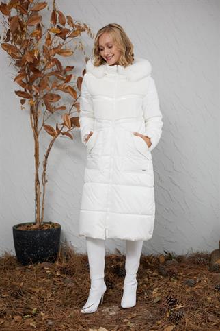 RUGAN ŞERİTLİ KÜRKLÜ EKRU KADIN KABAN  MB18.69-2K4