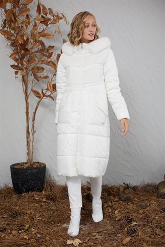 RUGAN ŞERİTLİ KÜRKLÜ EKRU KADIN KABAN  MB18.69-2K4