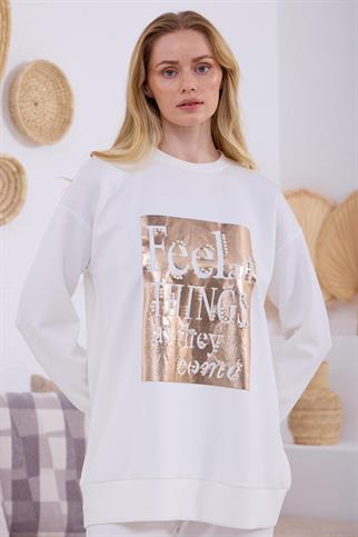 İNCİ DETAYLI BASKILI EKRU KADIN  SWEATSHIRT MB21.298-2Y5