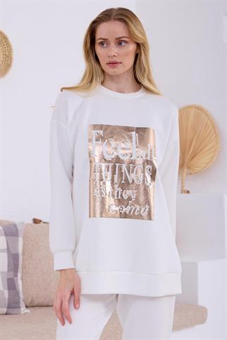 İNCİ DETAYLI BASKILI EKRU KADIN  SWEATSHIRT MB21.298-2Y5
