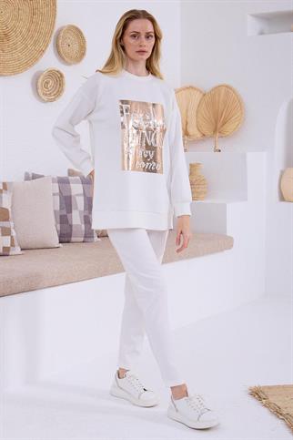 İNCİ DETAYLI BASKILI EKRU KADIN  SWEATSHIRT MB21.298-2Y5
