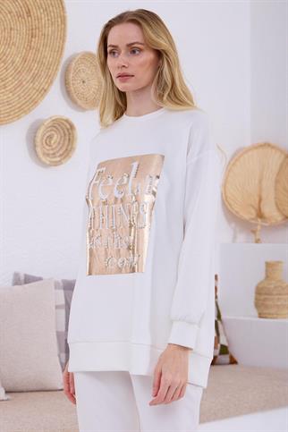 İNCİ DETAYLI BASKILI EKRU KADIN  SWEATSHIRT MB21.298-2Y5