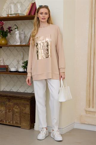 İNCİ DETAYLI BASKILI BEJ KADIN SWEATSHIRT MB21.298-2Y5