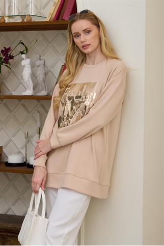 İNCİ DETAYLI BASKILI BEJ KADIN SWEATSHIRT MB21.298-2Y5