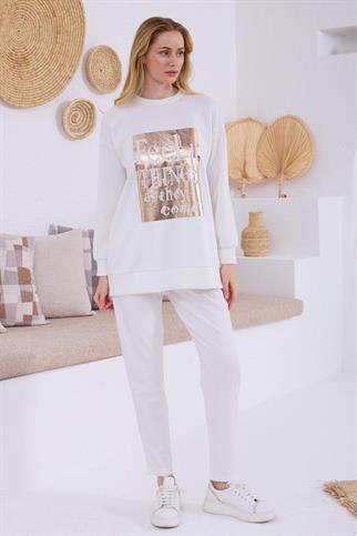 İNCİ DETAYLI BASKILI EKRU KADIN  SWEATSHIRT MB21.298-2Y5