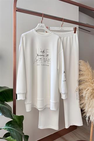 YAZILI TAŞLI EKRU KADIN TAKIM  MB24.674-2Y5