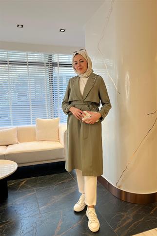 TAŞ İŞLEMELİ ASTARSIZ CUPRA HAKİ KADIN  TRENCHKOT  MB25.73-2Y5