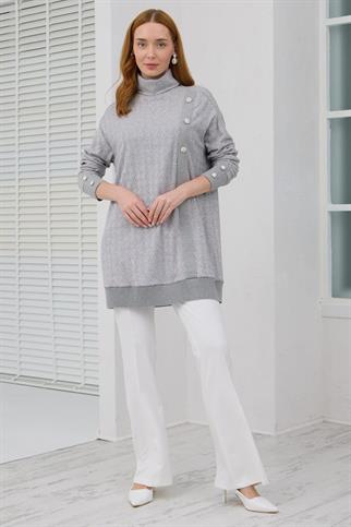 KOLLARI TAŞLI BALIKÇI YAKA GRİ KADIN TUNİK MB30.32-2K5