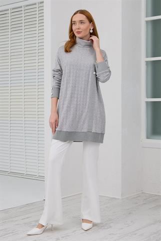 KOLLARI TAŞLI BALIKÇI YAKA GRİ KADIN TUNİK MB30.32-2K5