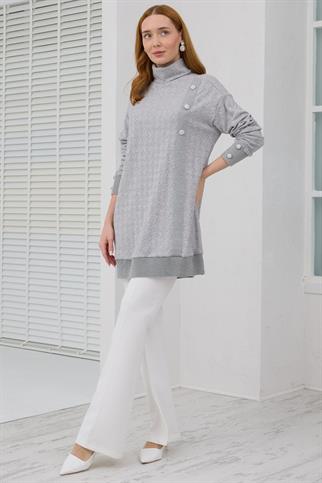 KOLLARI TAŞLI BALIKÇI YAKA GRİ KADIN TUNİK MB30.32-2K5