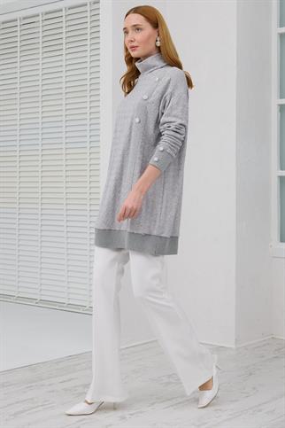 KOLLARI TAŞLI BALIKÇI YAKA GRİ KADIN TUNİK MB30.32-2K5