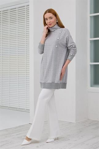 KOLLARI TAŞLI BALIKÇI YAKA GRİ KADIN TUNİK MB30.32-2K5