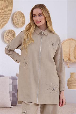 TAŞLI FERMUARLI BEJ  KETEN TAKIM MB24.655-2Y5