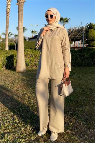 TAŞLI FERMUARLI BEJ  KETEN TAKIM MB24.655-2Y5