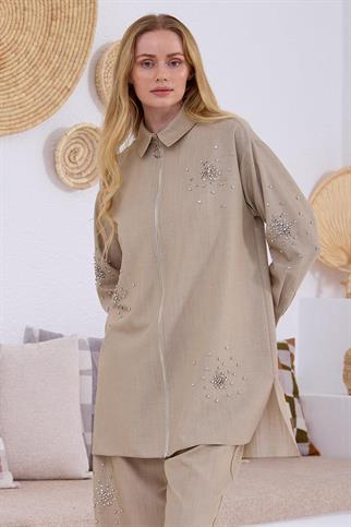 TAŞLI FERMUARLI BEJ  KETEN TAKIM MB24.655-2Y5