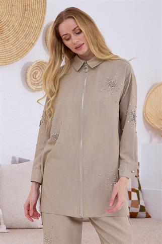 TAŞLI FERMUARLI BEJ  KETEN TAKIM MB24.655-2Y5