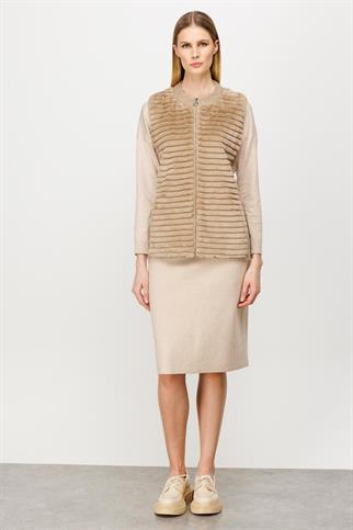 SIFIR YAKA CEPLİ BEJ KADIN YELEK 20053-2K5