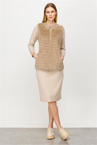 SIFIR YAKA CEPLİ BEJ KADIN YELEK 20053-2K5