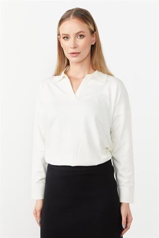 GÖMLEK YAKA TRİKO EKRU KADIN BLUZ  20076-2K5