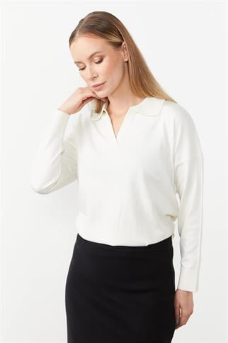 GÖMLEK YAKA TRİKO EKRU KADIN BLUZ  20076-2K5
