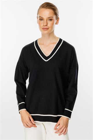 V YAKA ÇİZGİLİ SİYAH KADIN BLUZ 20134-2K5