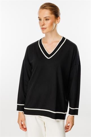 V YAKA ÇİZGİLİ SİYAH KADIN BLUZ 20134-2K5